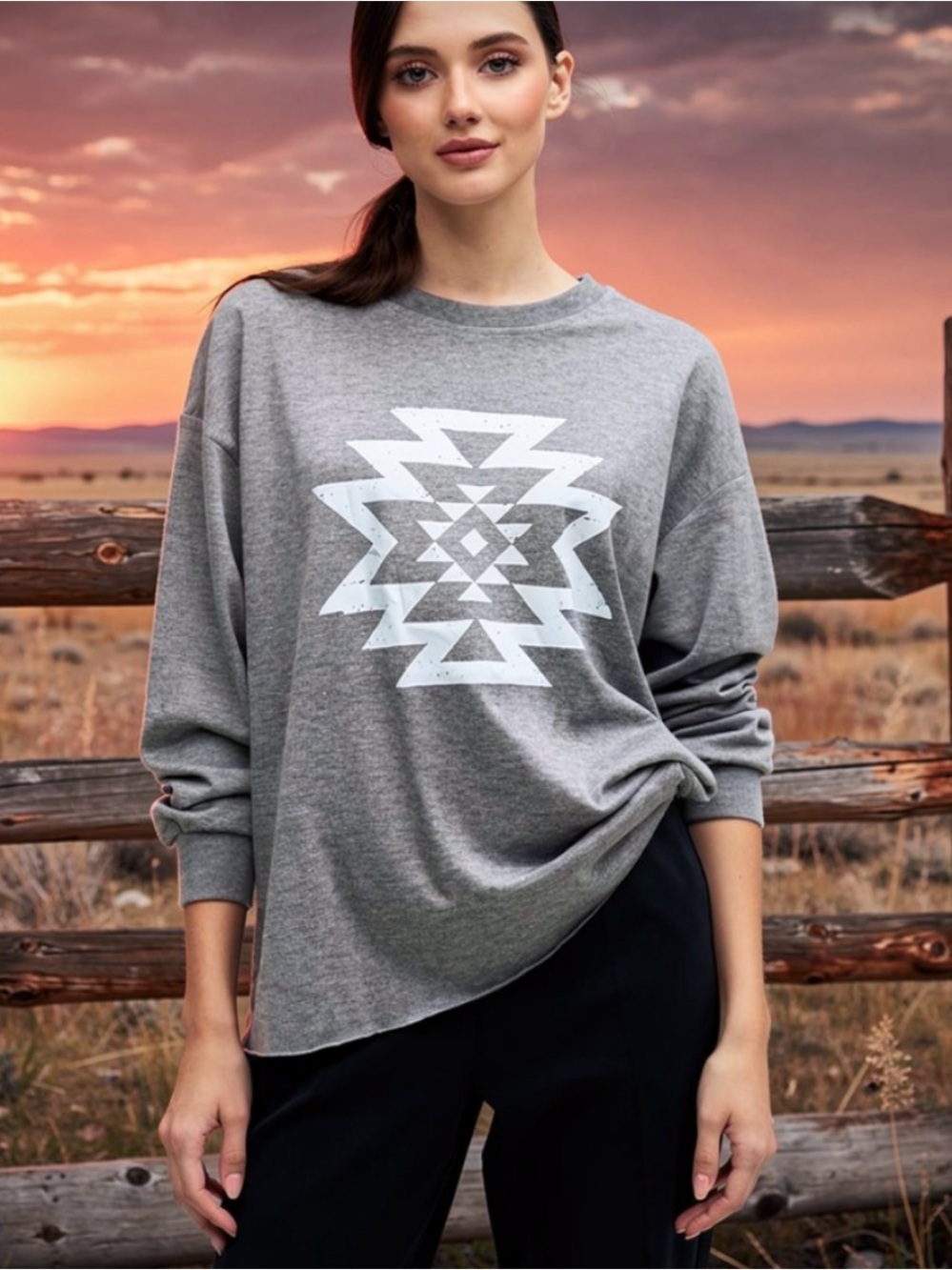 Western Aztec Graphic Sweatshirt | Gray Boho large